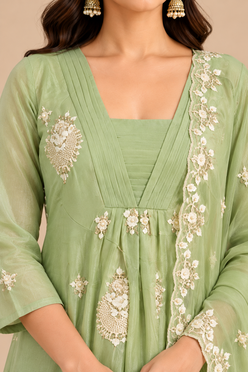 Sage Green Embroidered Anarkali Kurta Pant Set with Floral Dupatta