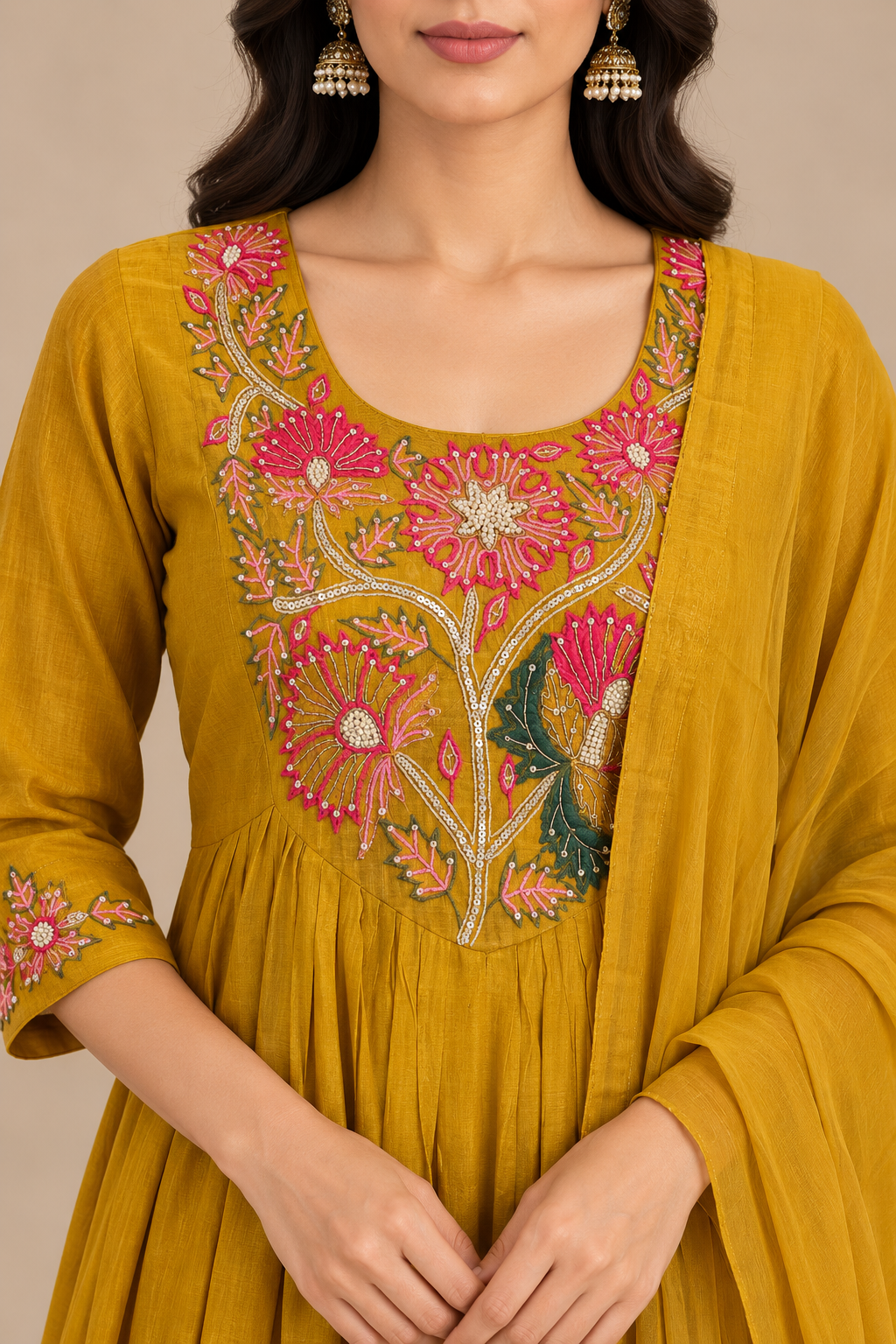 Mustard Yellow Embroidered Anarkali Suit Set with Dupatta