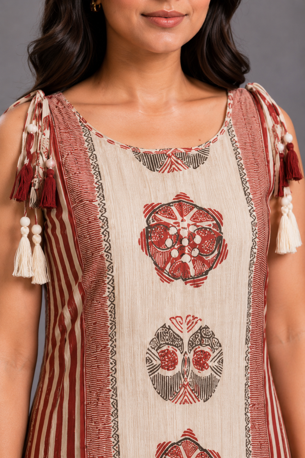 Red & Beige Printed Kurta Palazzo Set with Tassel Detailing