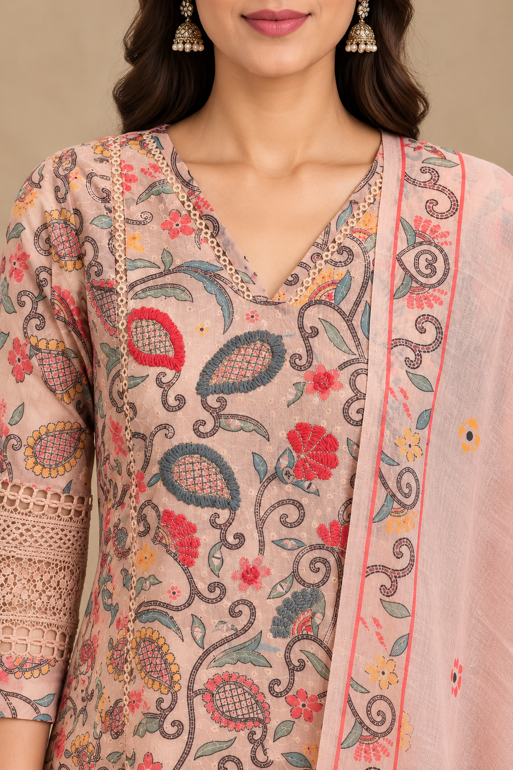Blush Peach Cotton Printed Straight-Cut Suit Set