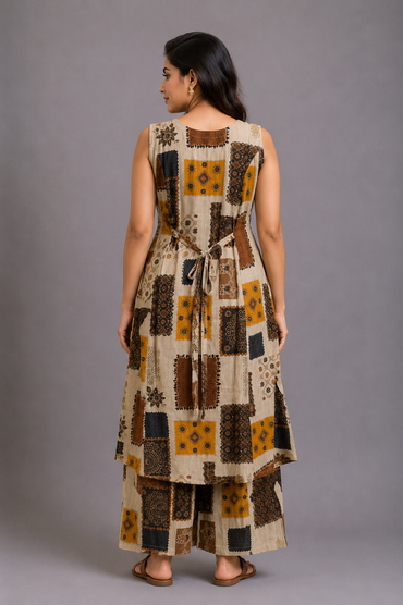Beige Printed Kurta Palazzo Set