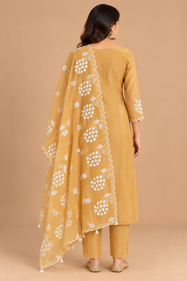 Mustard Yellow Floral Printed Kurta Pant Set with Scalloped Dupatta