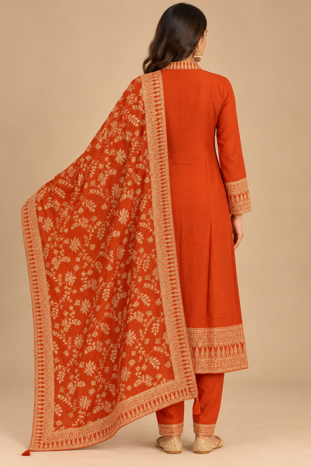 Rust Orange Embroidered Straight-Cut Salwar Suit Set with Printed Dupatta