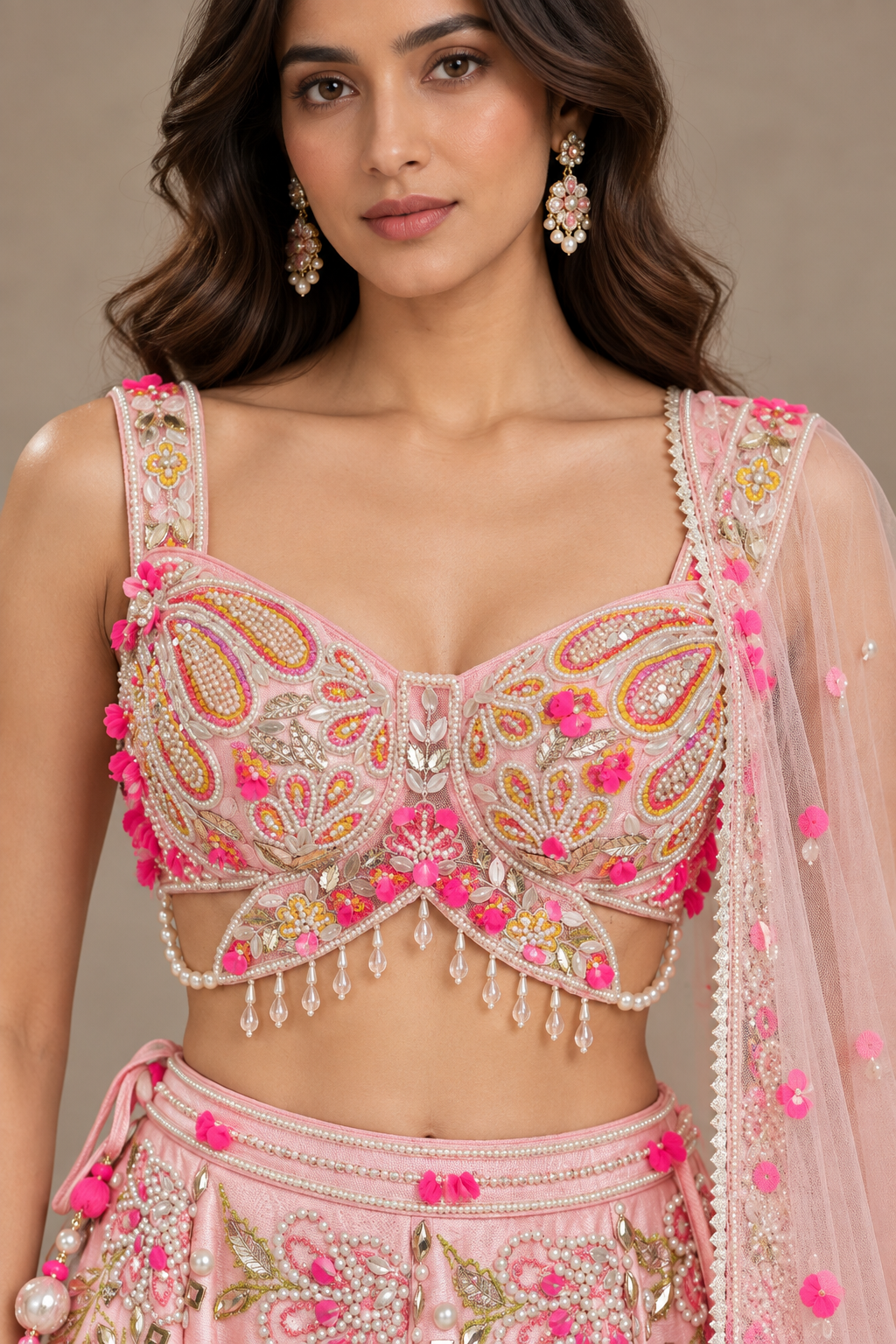 Blush Pink Net Embroidered Lehenga Set