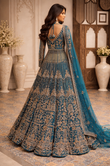 Teal Blue Heavy Embroidered Net Lehenga Set with Dupatta