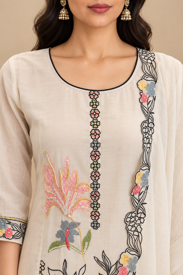 Off White Floral Embroidered Kurta Set with Dupatta