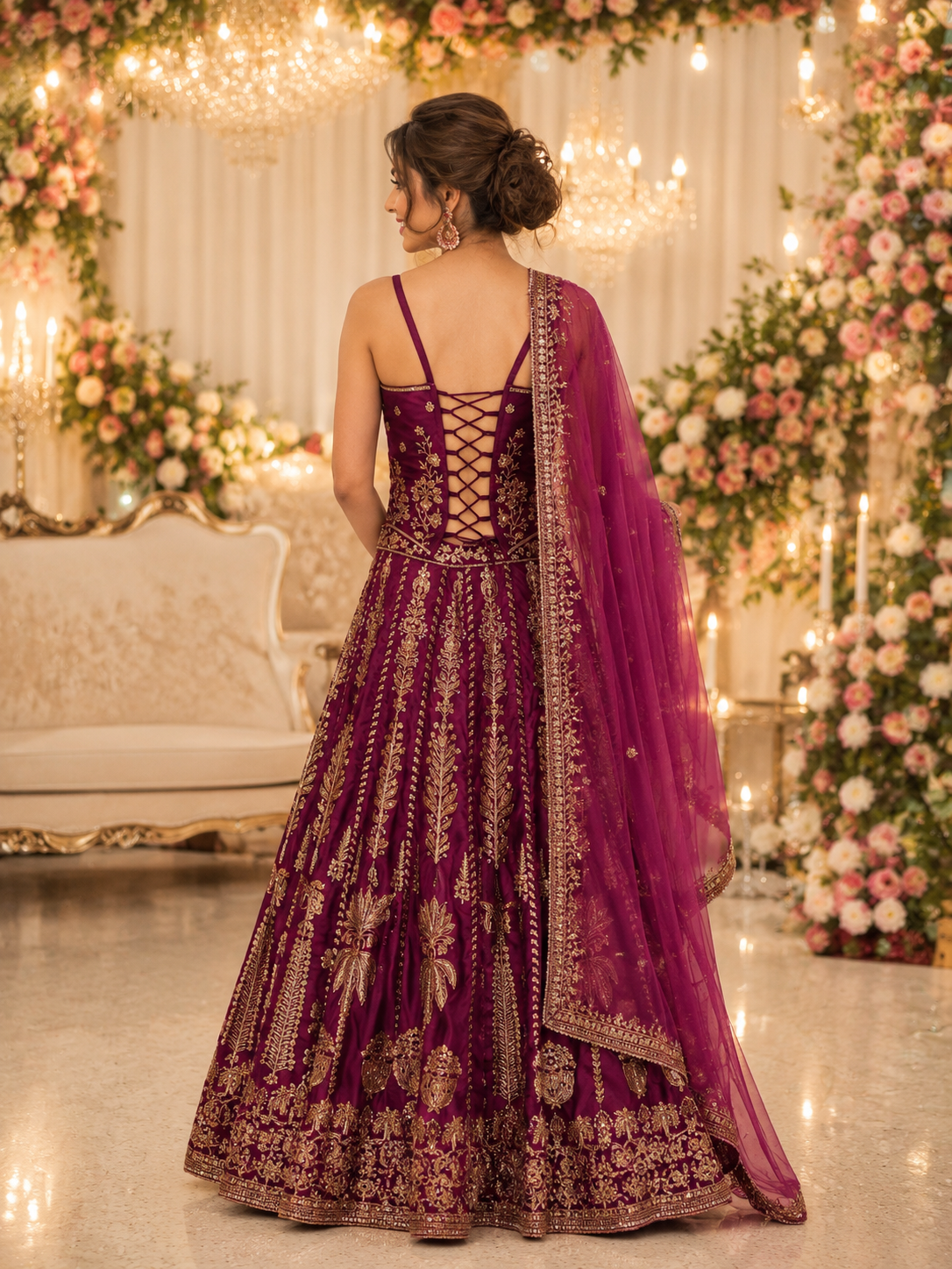 Wine Purple Raw Silk Corset Lehenga Set