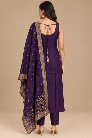 Royal Purple Gold Printed Anarkali Suit Set with Dupatta