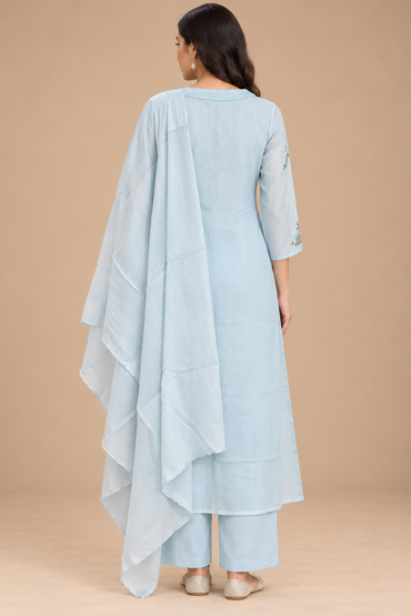 Powder Blue Floral Embroidered Kurta Set with Dupatta