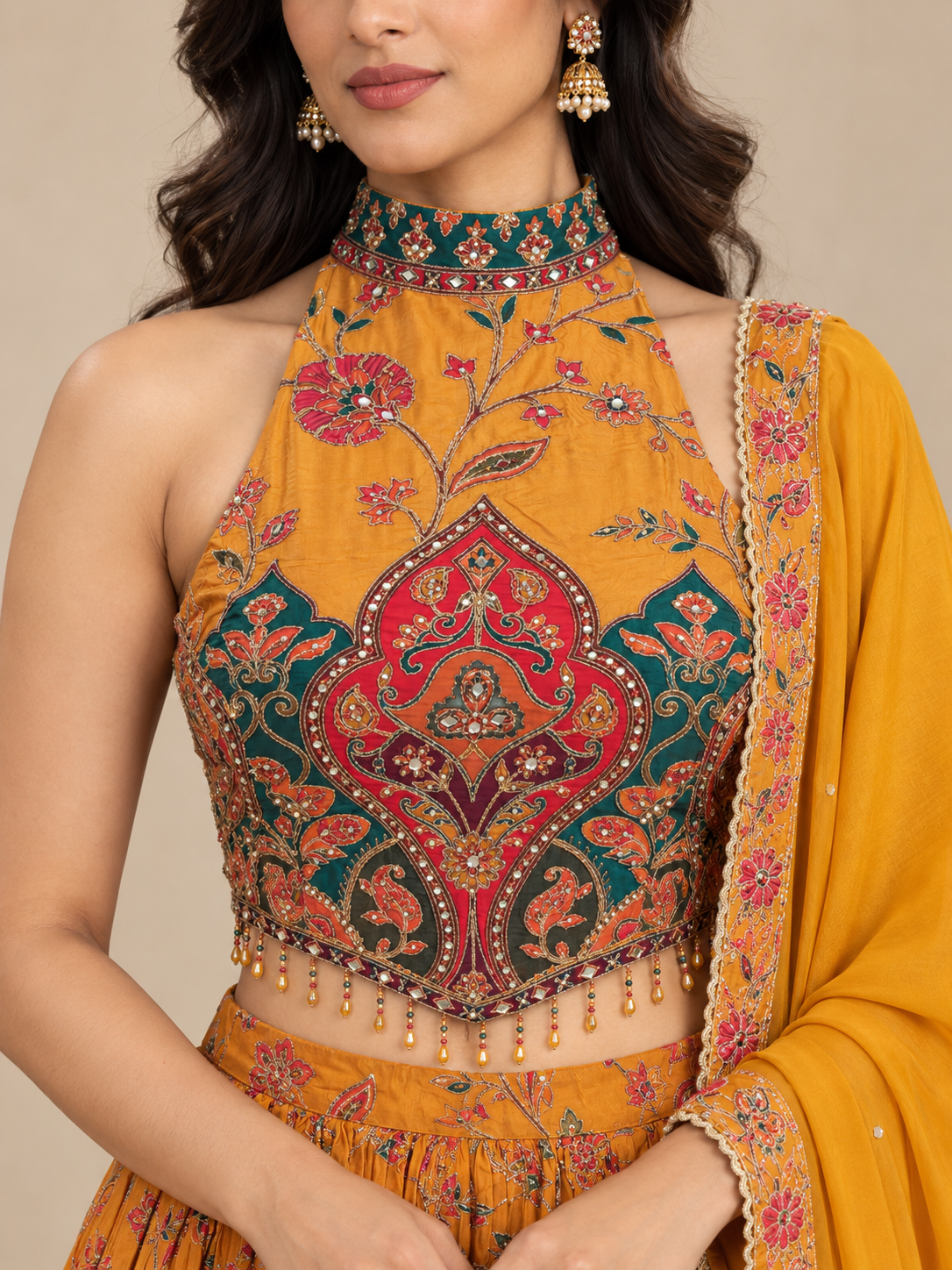 Mustard Yellow Printed Embroidered Lehenga Set with Dupatta