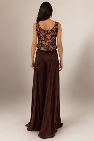 Wine Floral Embroidered Silk Peplum Top with Palazzo for Women