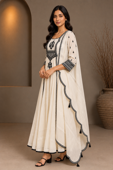 Ivory Mul Chanderi Embroidered Anarkali Set