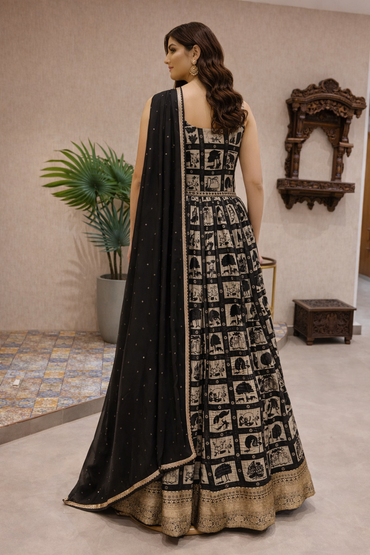 Black & Ivory Printed Anarkali Gown with Embellished Borders & Dupatta | Party & Wedding Wear