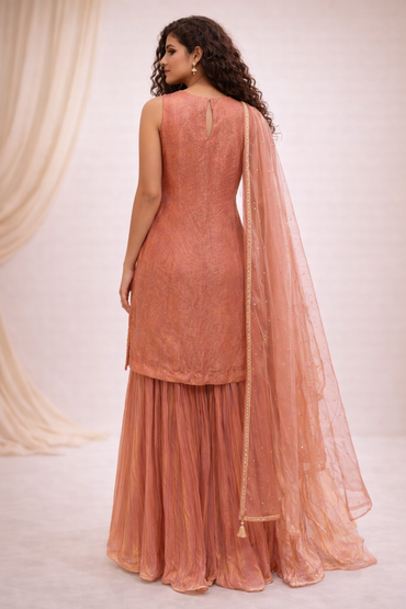 Peach Georgette Embroidered Kurta Sharara Set with Net Dupatta for Women