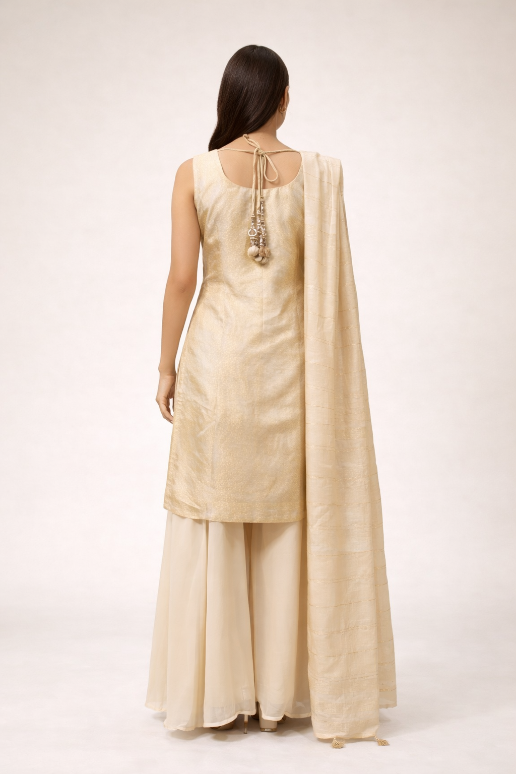 Ivory Gold Brocade Silk Embroidered Kurta Sharara Set with Organza Dupatta
