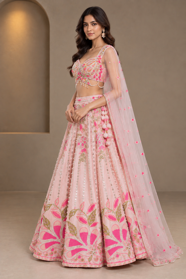 Blush Pink Net Embroidered Lehenga Set