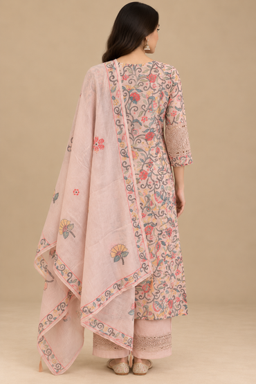 Blush Peach Cotton Printed Straight-Cut Suit Set