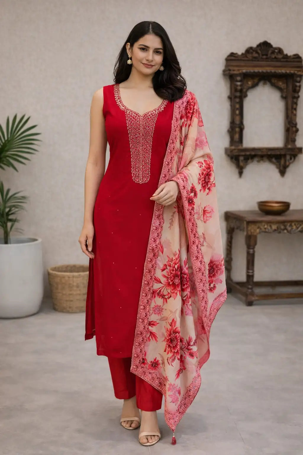 Red Embroidered Kurta Set with Floral Dupatta