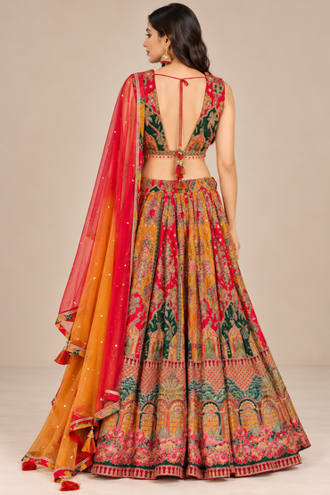 Multicolor Embroidered Bridal Lehenga Choli with Pink Orange Dupatta