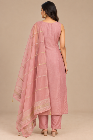 Pink Embroidered Straight Kurta Set with Dupatta for Women