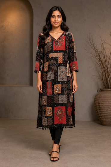 Black Printed Straight Kurti with Pom-Pom Detail