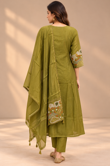 Olive Green Mul Chanderi Straight Cut Suit Set
