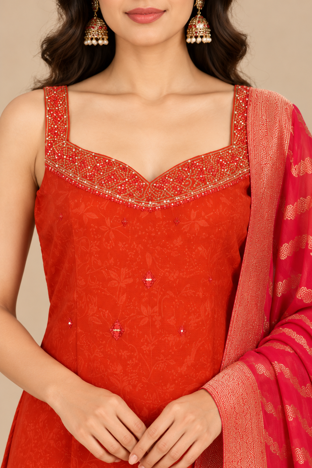 Rust Embroidered Straight Suit Set with Pink Dupatta for Women