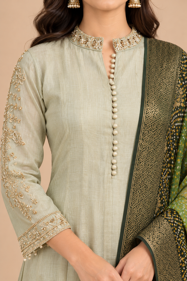 Sage Green Straight Kurta Pant Set with Green Printed Dupatta