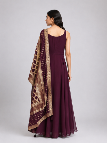 Wine Embellished Anarkali Dress with Dupatta