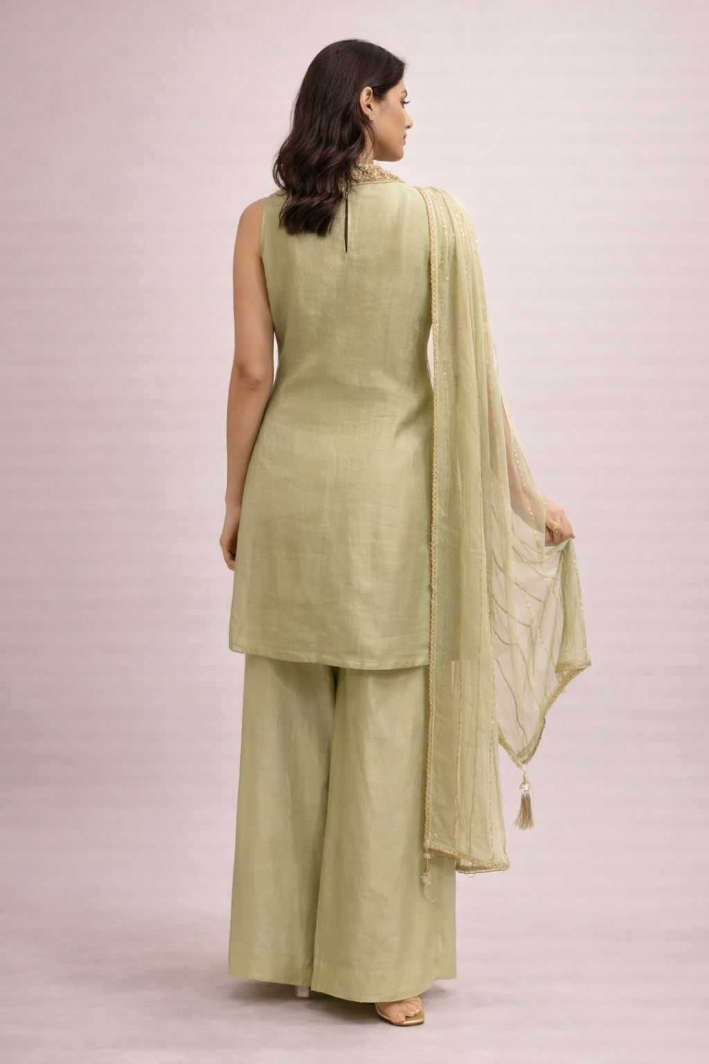 Sage Green Embroidered Silk Kurta Sharara Set with Dupatta for Women