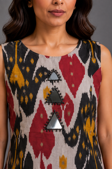 Multicolor Ikat Print Kurta Palazzo Set with Mirror Work
