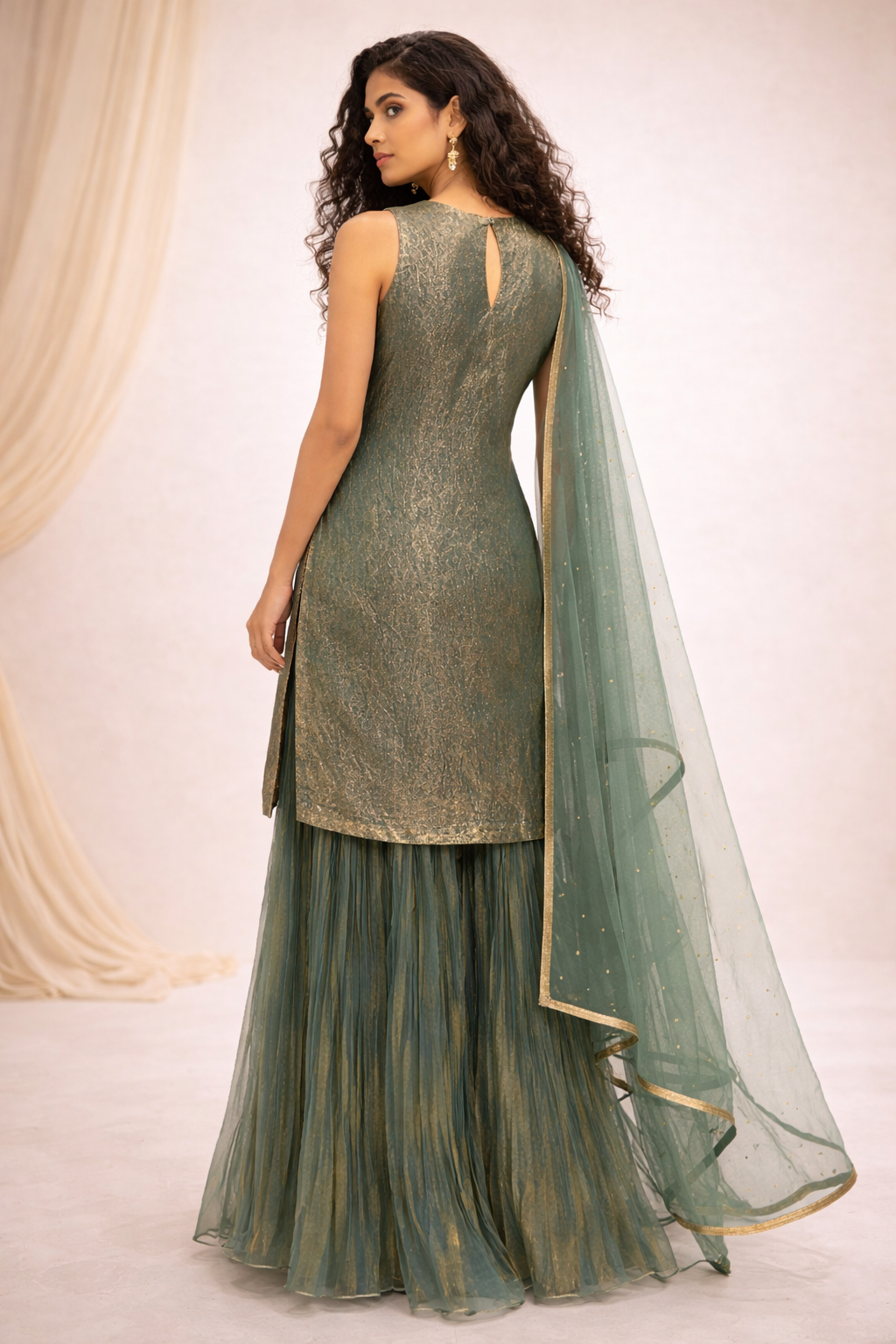 Emerald Green Georgette Embroidered Kurta Sharara Set with Net Dupatta
