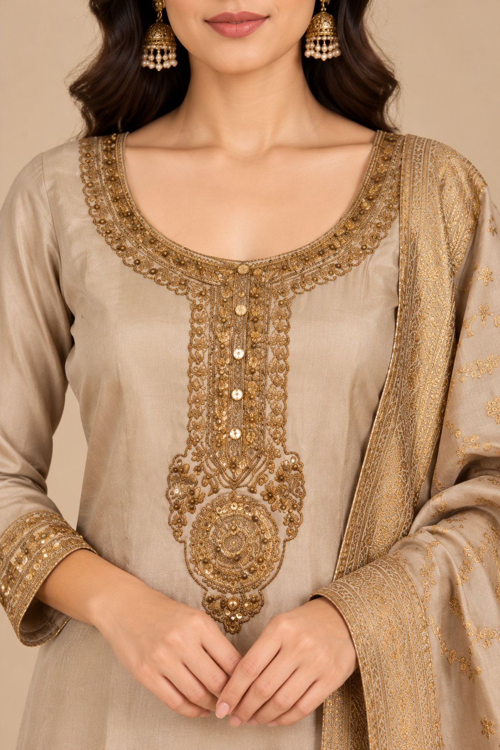 Beige Gold Embroidered Anarkali Suit Set with Dupatta for Women