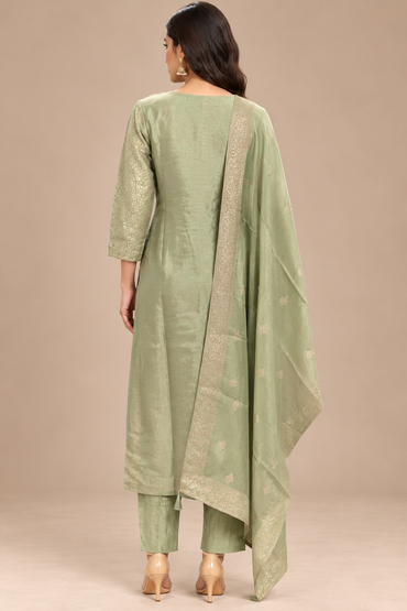 Pista Green Embroidered Straight Kurta Pant Set with Dupatta