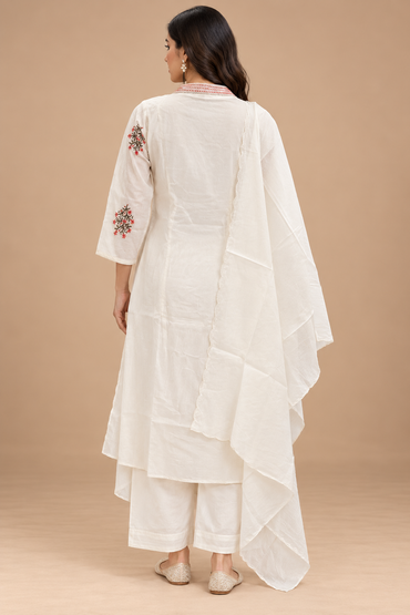 Ivory White Floral Embroidered Straight Kurta Set with Dupatta