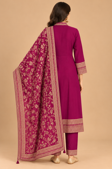 Magenta Embroidered Straight-Cut Salwar Suit Set with Floral Dupatta
