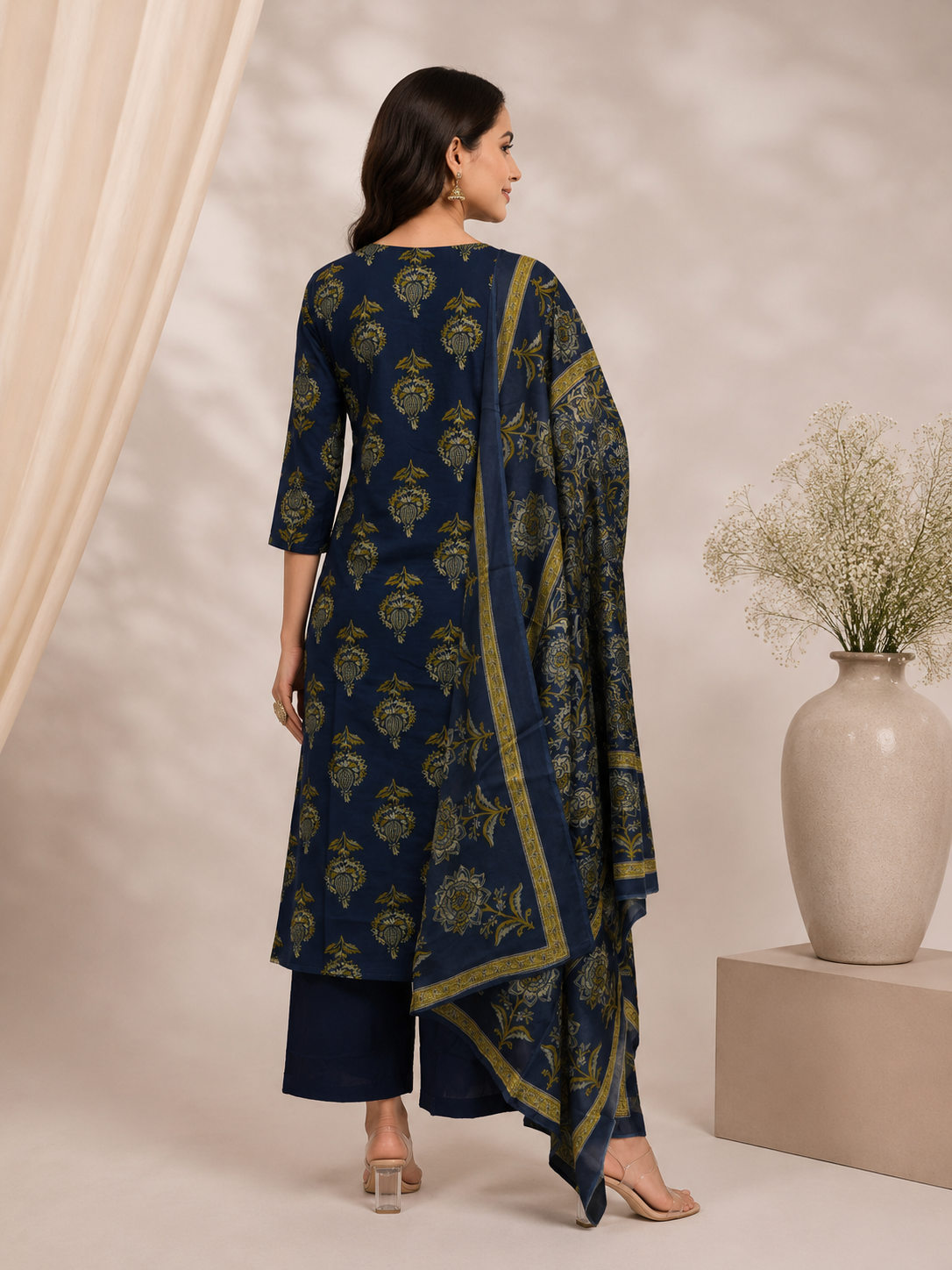 Navy Blue Ethnic Printed Cotton Kurta Set with Dupatta