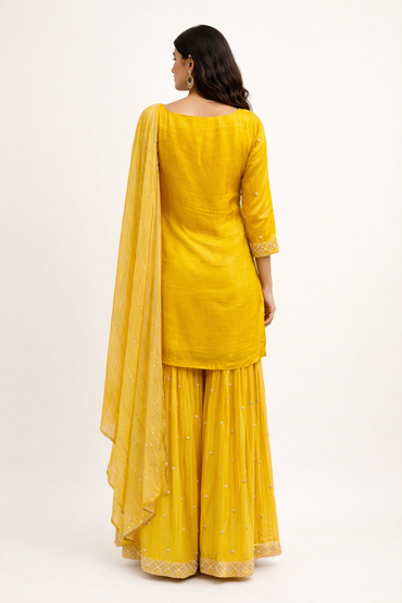 Bright Yellow Embroidered Silk Kurta Sharara Set with Dupatta for Women
