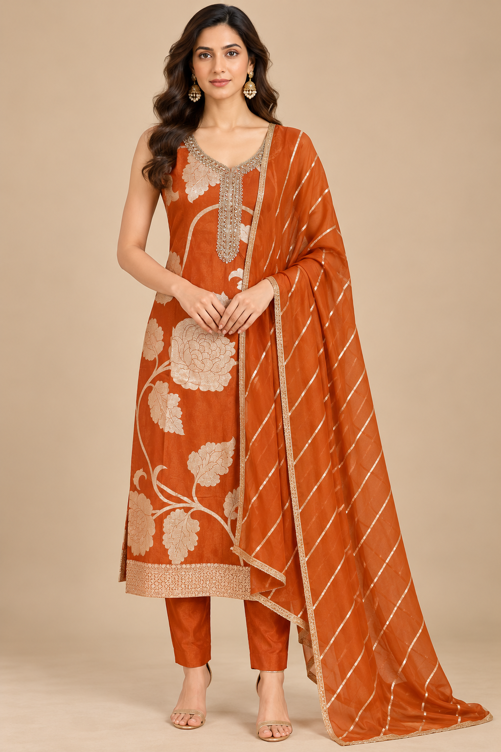 Rust Orange Floral Printed Kurta Pant Set with Striped Dupatta