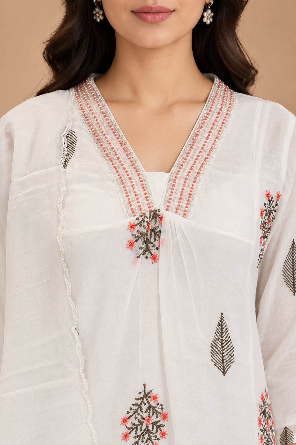 Ivory White Floral Embroidered Straight Kurta Set with Dupatta