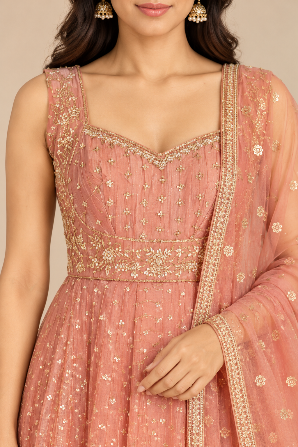 Peach Gold Embroidered Anarkali Lehenga Set with Dupatta
