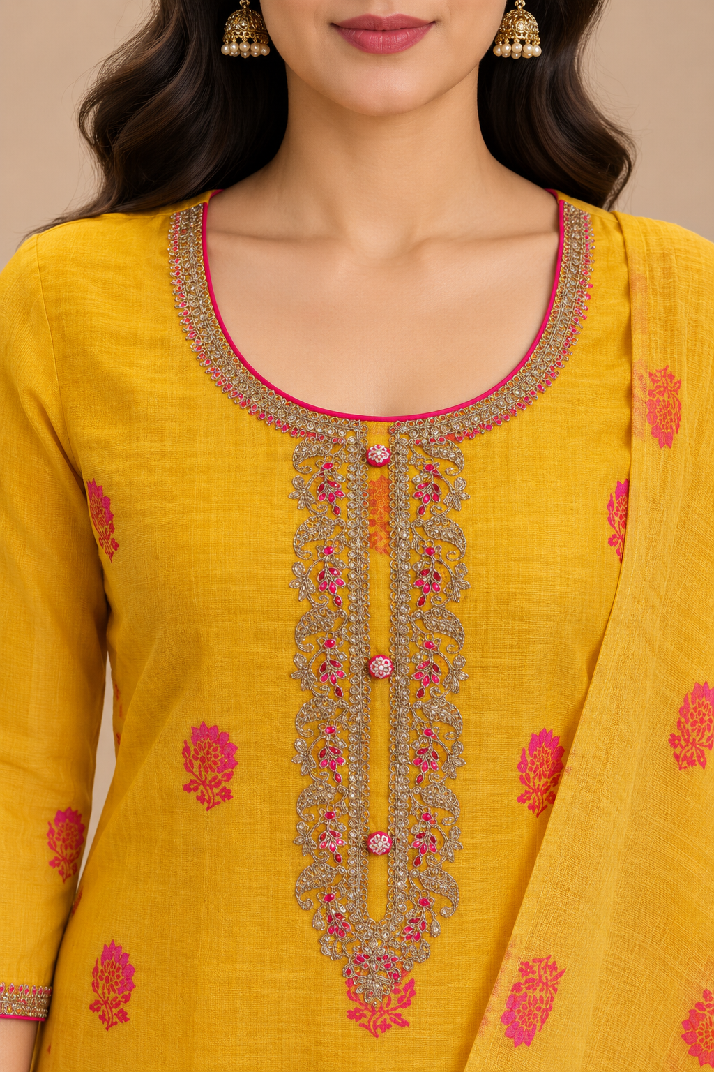 Mustard Yellow Floral Embroidered Straight Kurta Set with Dupatta