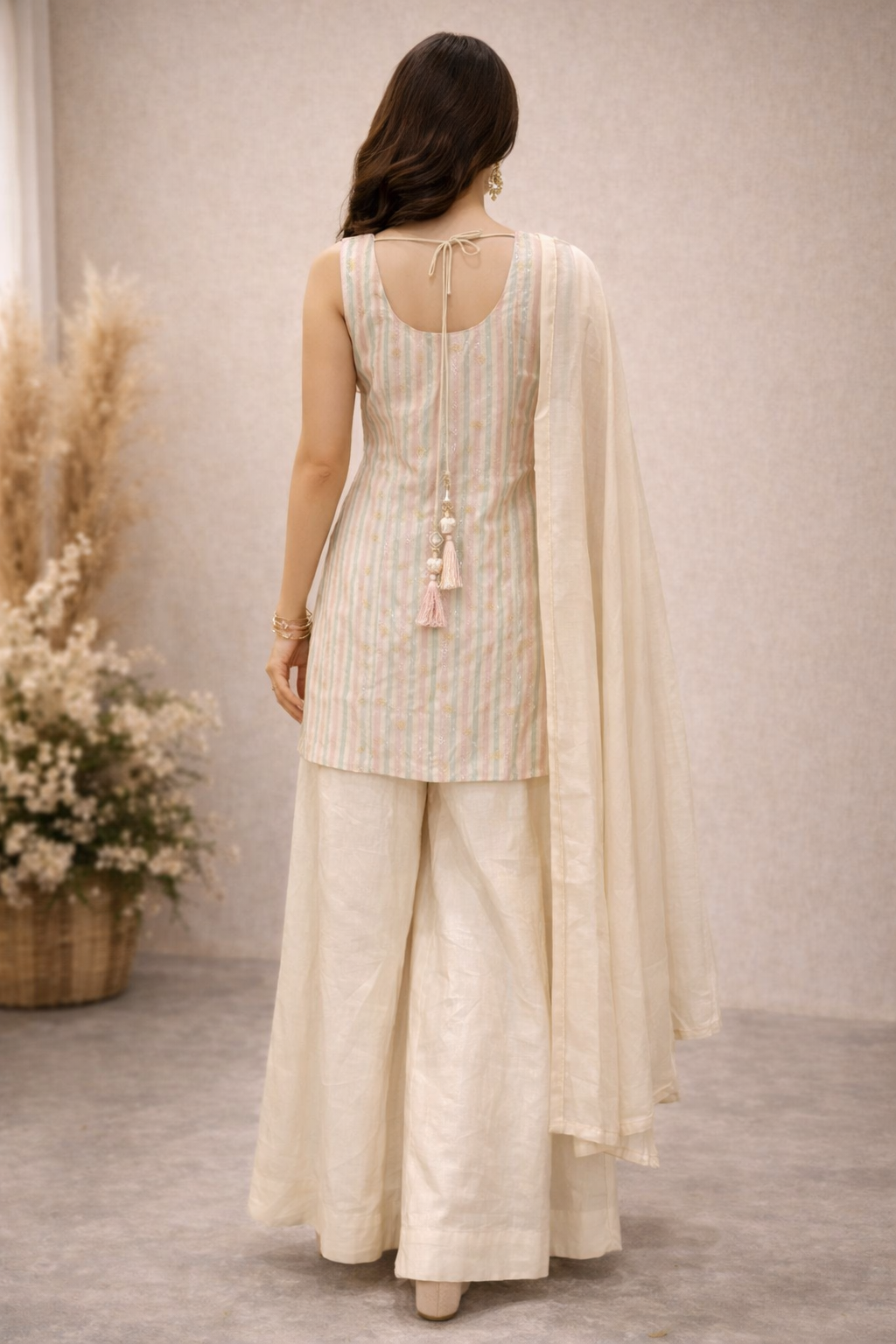 Pastel Striped Tissue Silk Kurta Palazzo Set with Dupatta for Women