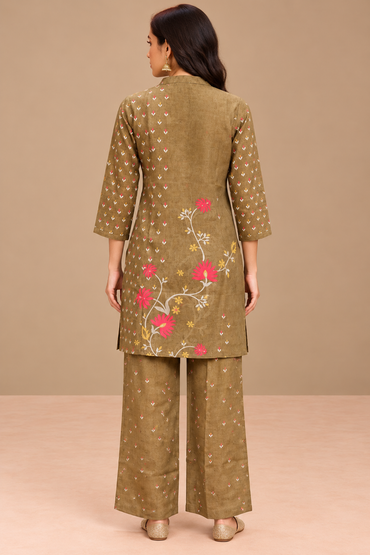 Olive Linen Floral Printed Co-ord Set