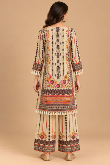 Beige Floral Printed Kurta Palazzo Set with Tassel Detailing