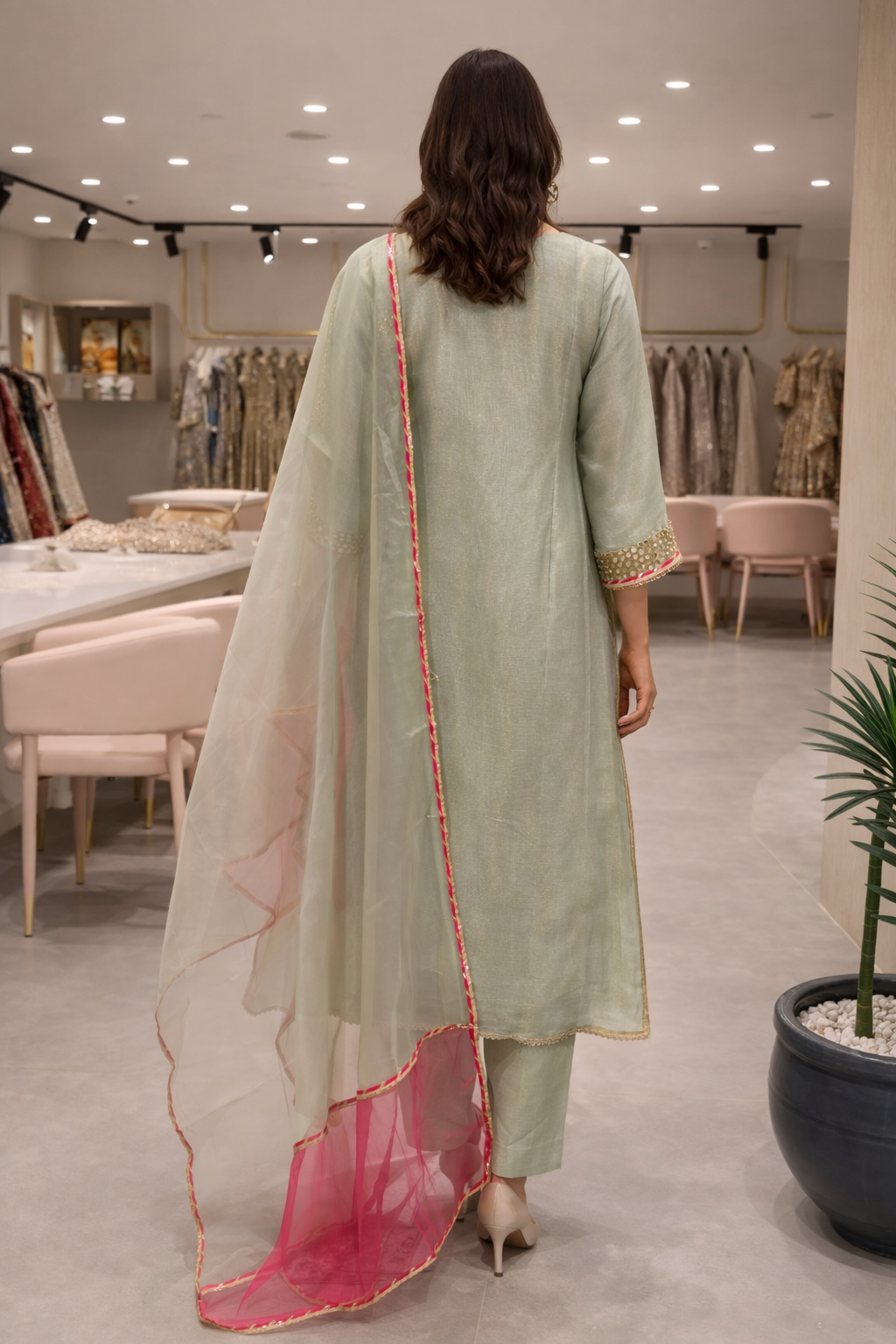 Pastel Green Embroidered Tissue Kurta Pant Set with Dupatta