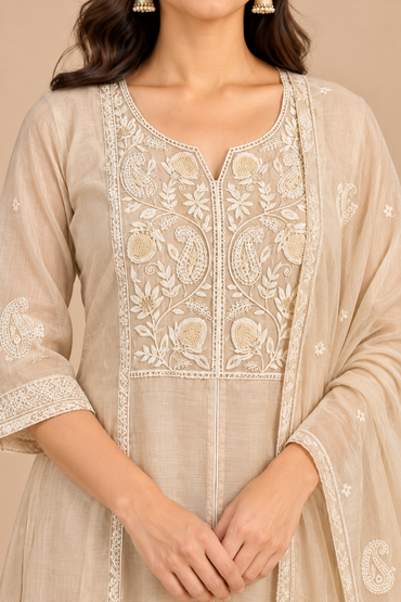 Beige Embroidered Anarkali Kurta Pant Set with Matching Dupatta