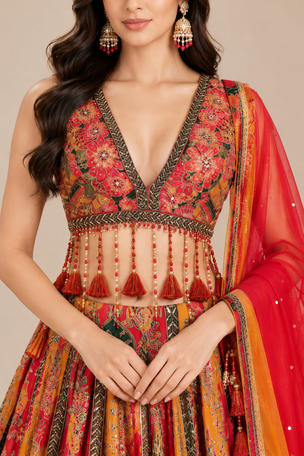 Multicolor Embroidered Bridal Lehenga Choli with Pink Orange Dupatta