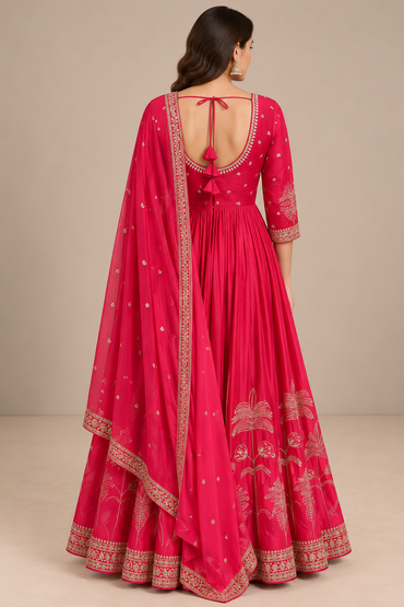 Rani Pink Silk Anarkali Set