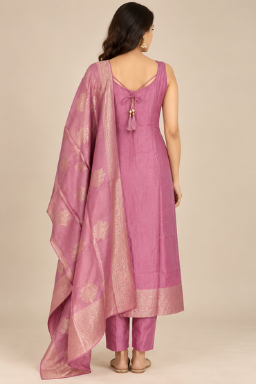 Mauve Pink Ethnic Suit Set with Gold Border Dupatta